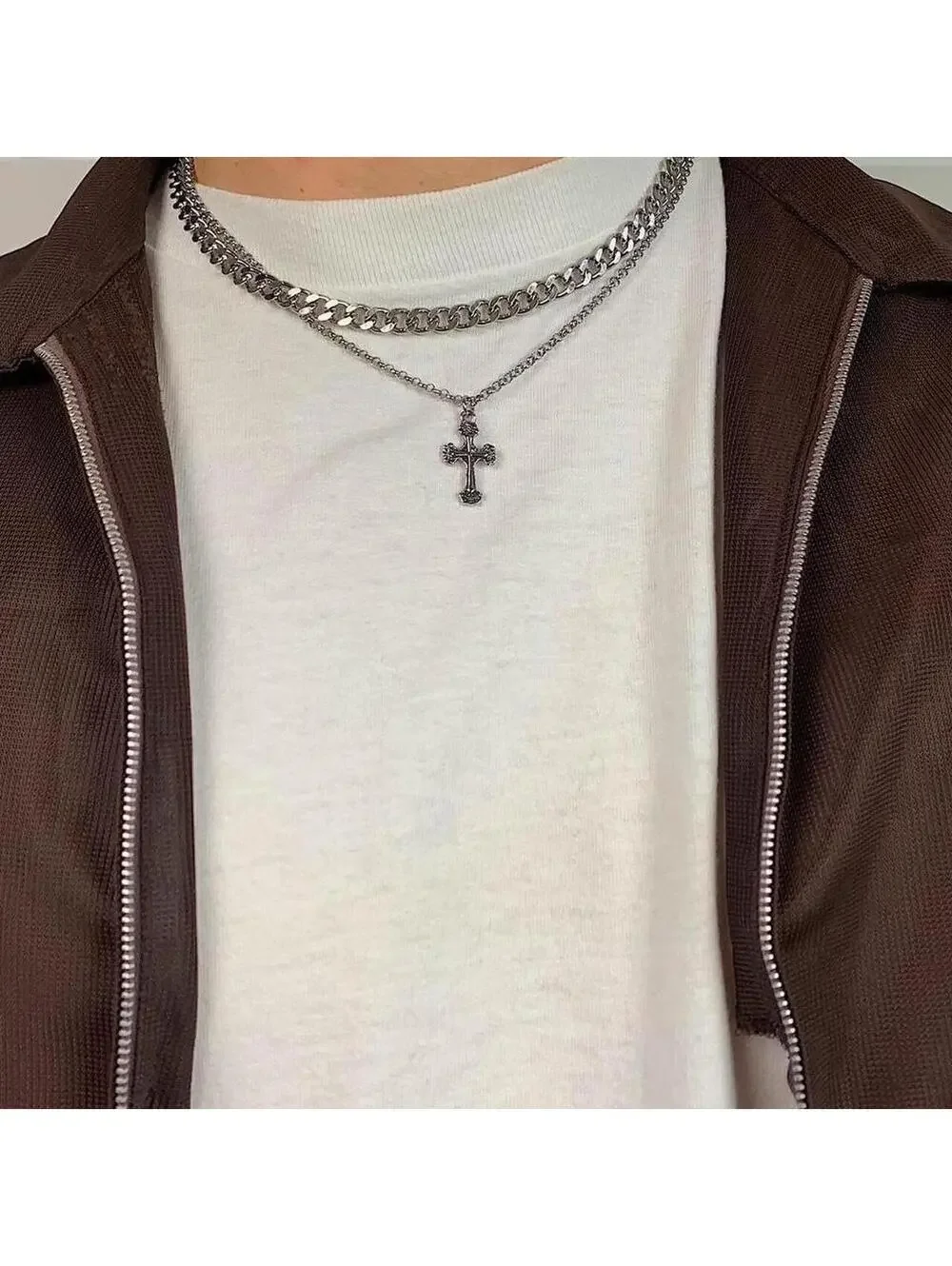 Y2k Cyber Double layer opium silver chrome cross chain grunge Cuban link